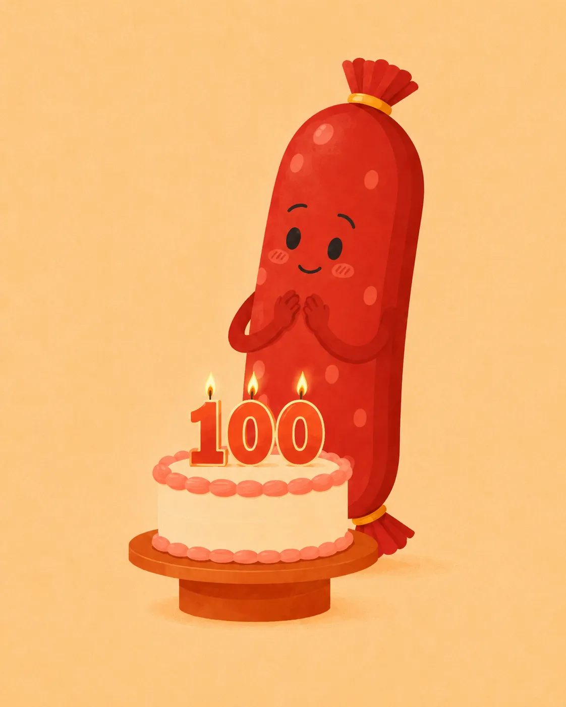 Illustration of an anthropomorphized salami chub celebrating with a birthday cake on which three lit numeral-shaped candles spell “100.”