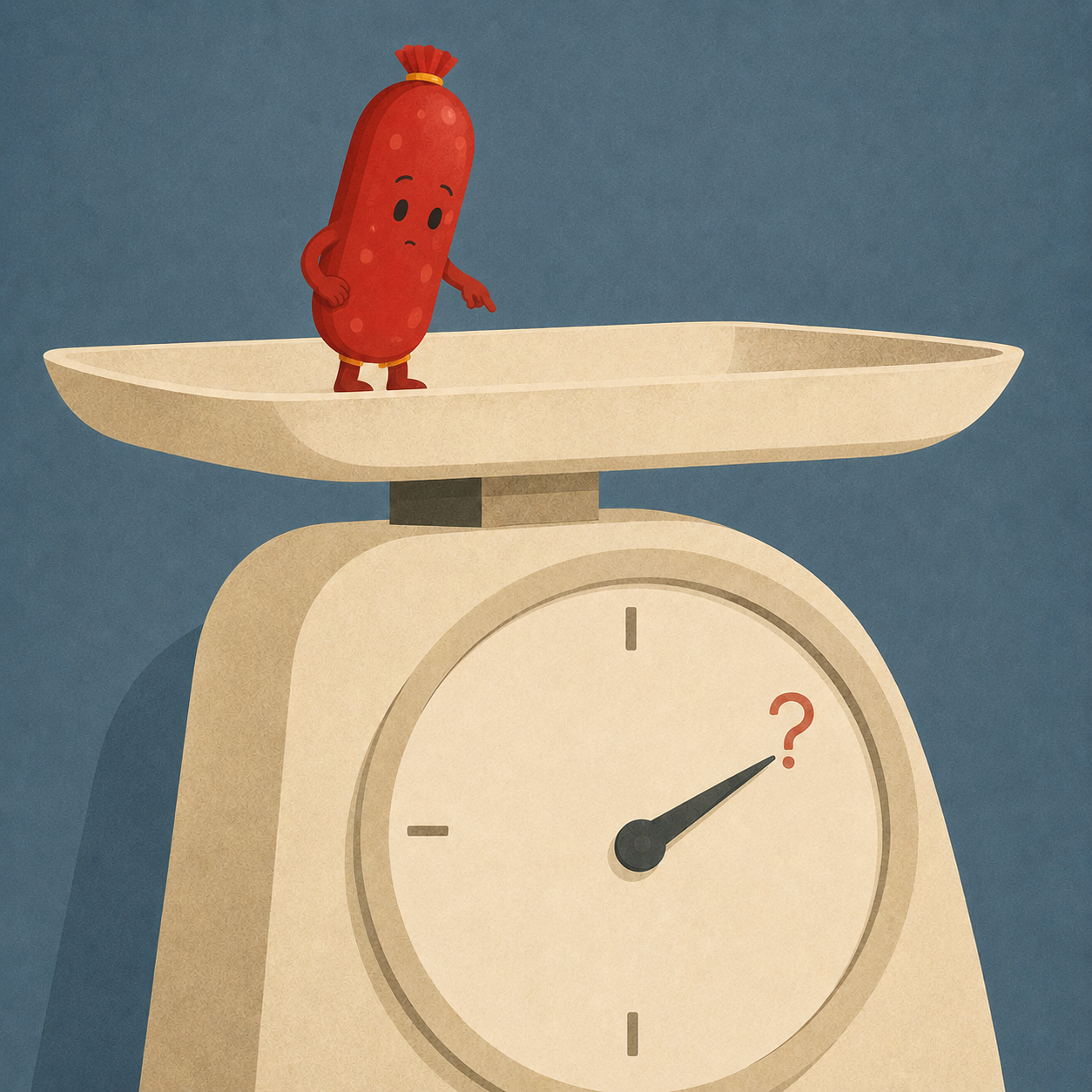 Salami character on a deli scale checks a dial pointing to a question mark.