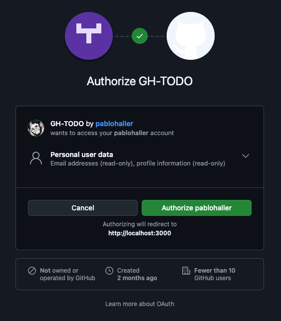 Image showing GitHub’s permission request page. The user is asked to grant the newly registered OAuth application permission to access their GitHub account details. A blue "Authorize" button is visible at the bottom of the screen.