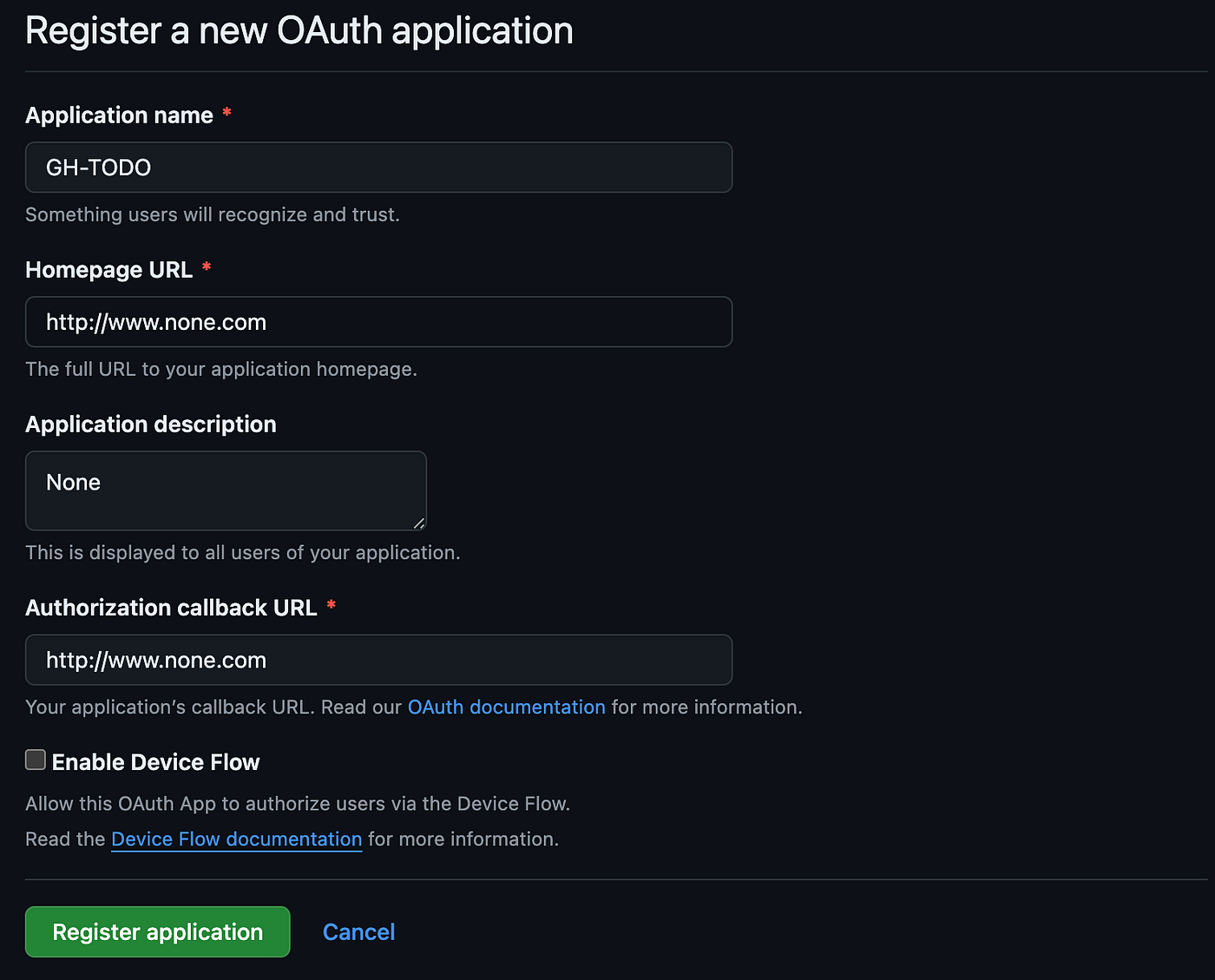 A screenshot of GitHub’s "Register a new OAuth Application" form. The form contains fields for application name, homepage URL, and the callback URL, which is set to http://localhost:3000/api/auth/callback/github. There are placeholder values entered in the other fields.