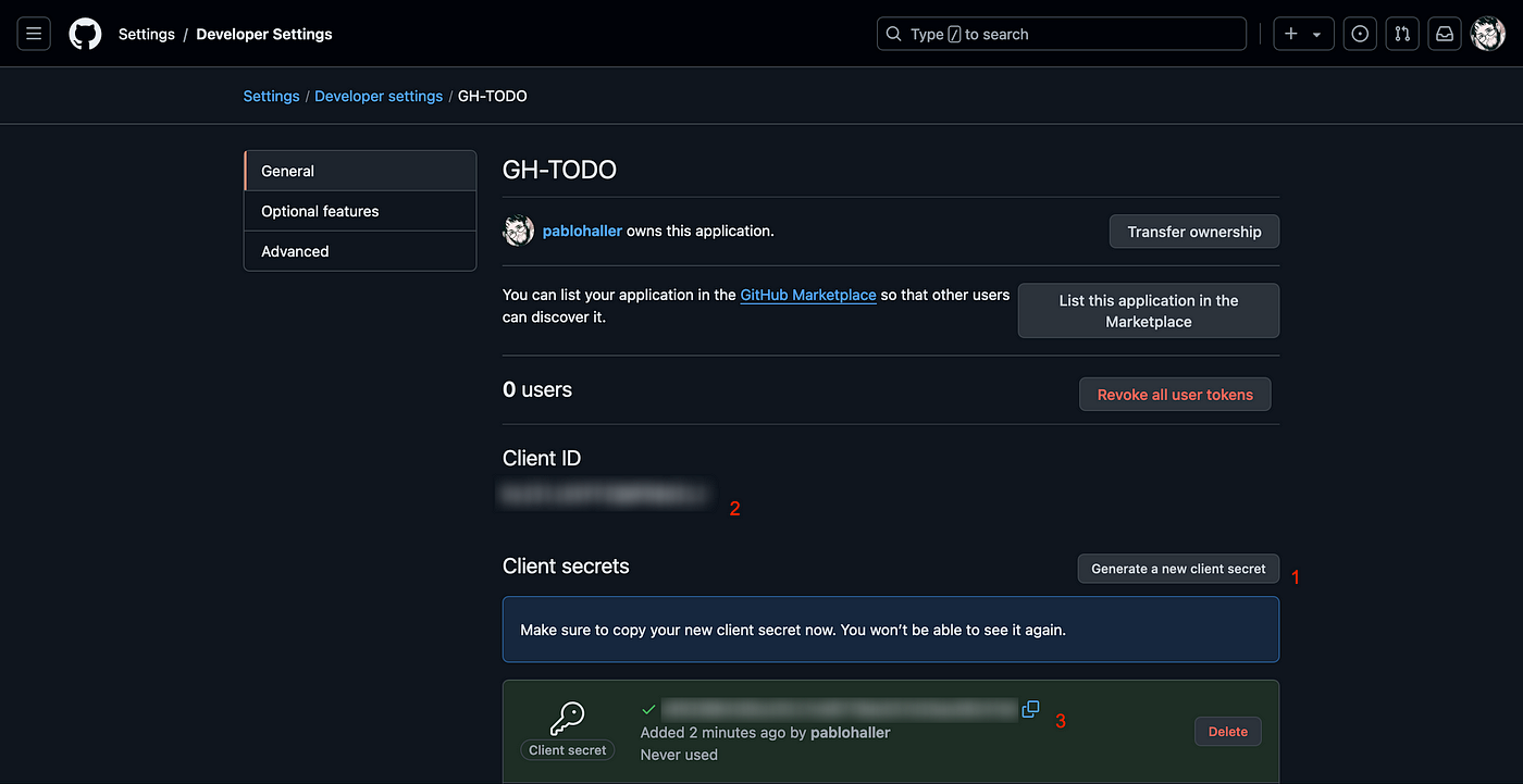 A screenshot of the GitHub app settings page, showing the "Generate a new client secret" button. Below the button, the newly generated client secret is displayed in a masked format with a copy button next to it.