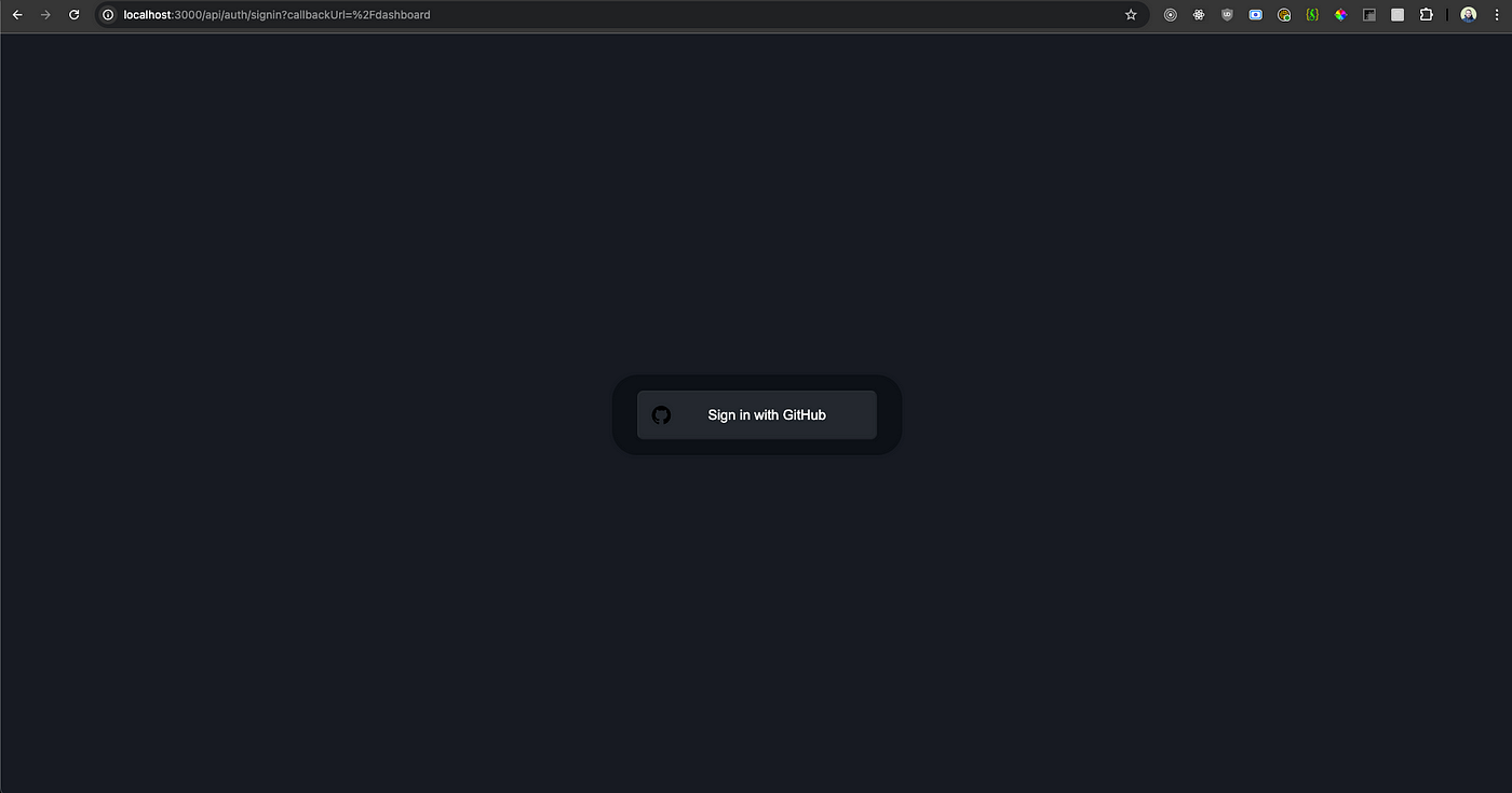 A screenshot of the login screen provided by next-auth. The page shows a GitHub button prompting the user to sign in using their GitHub account. This is the authentication prompt that appears when trying to access the /dashboard route.