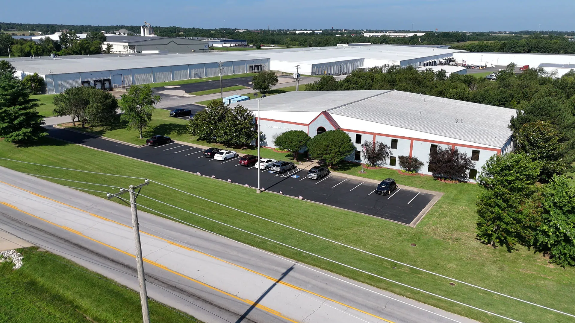 Aerial view of the Component Packaging building from across the road