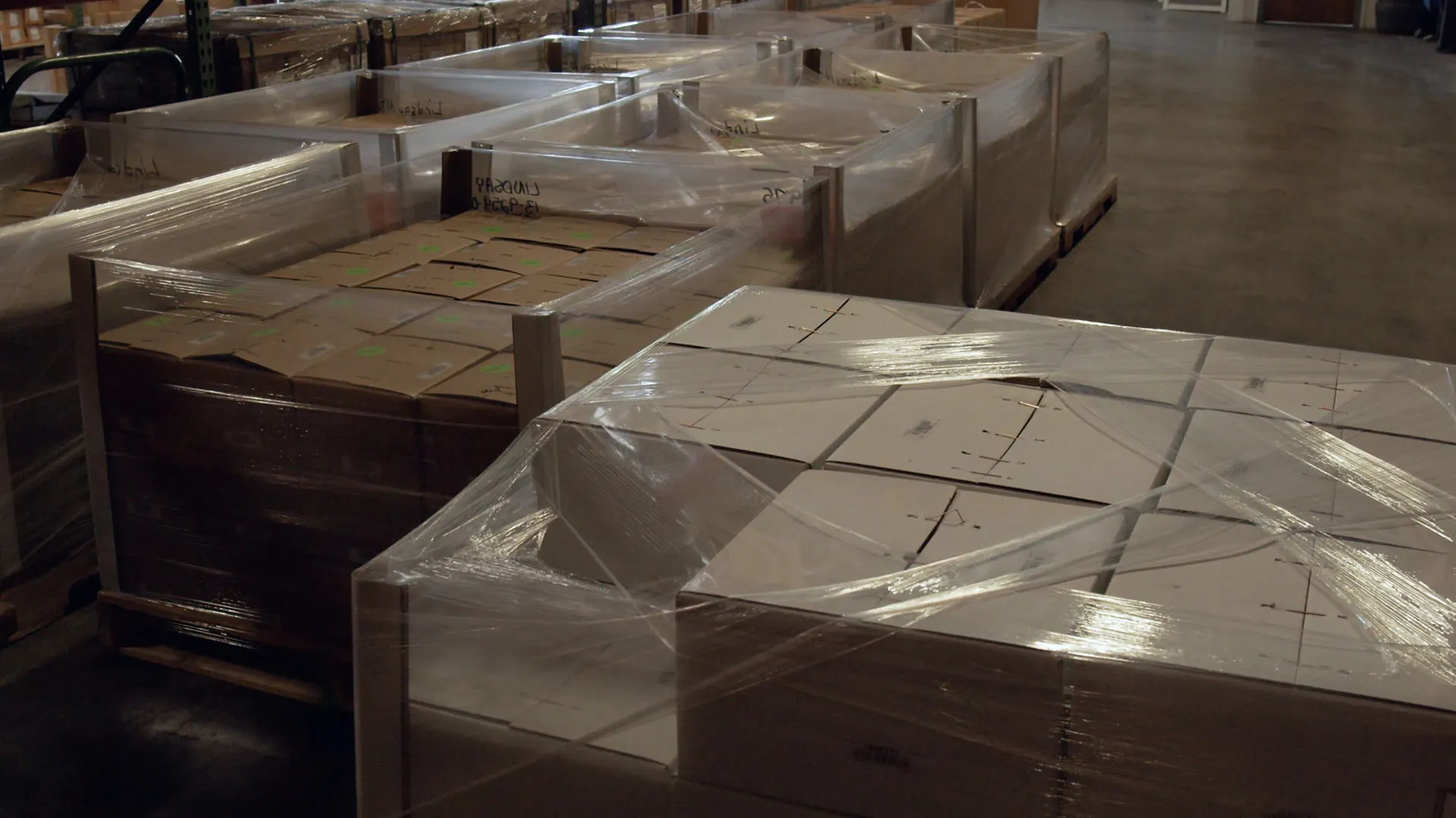 Shrink-wrapped pallets of cardboard boxes in the warehouse