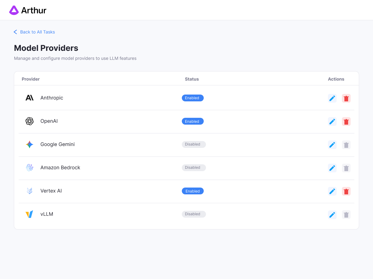 Arthur web app interface showing a Model Providers list with providers like Anthropic, OpenAI, Google Gemini, Amazon Bedrock, Vertex AI, and vLLM, displaying their enabled or disabled status and action icons for edit and delete.