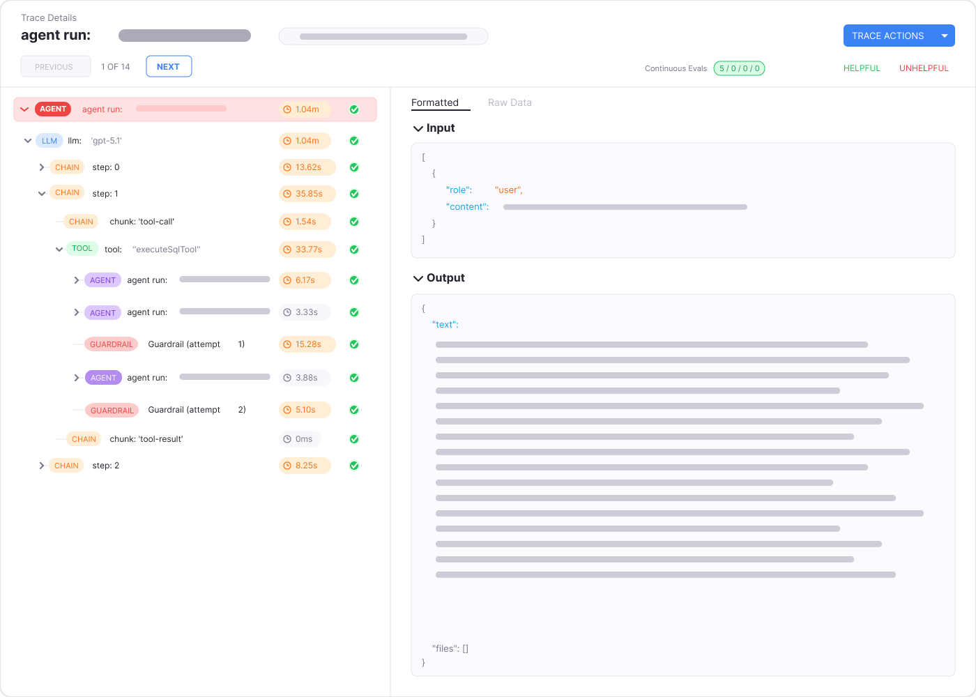 Agent run trace detail screen showing the process of 'jirabotAgent' executing steps including reading a Slack thread, searching Jira issues, creating a Jira issue, and the corresponding input/output data.