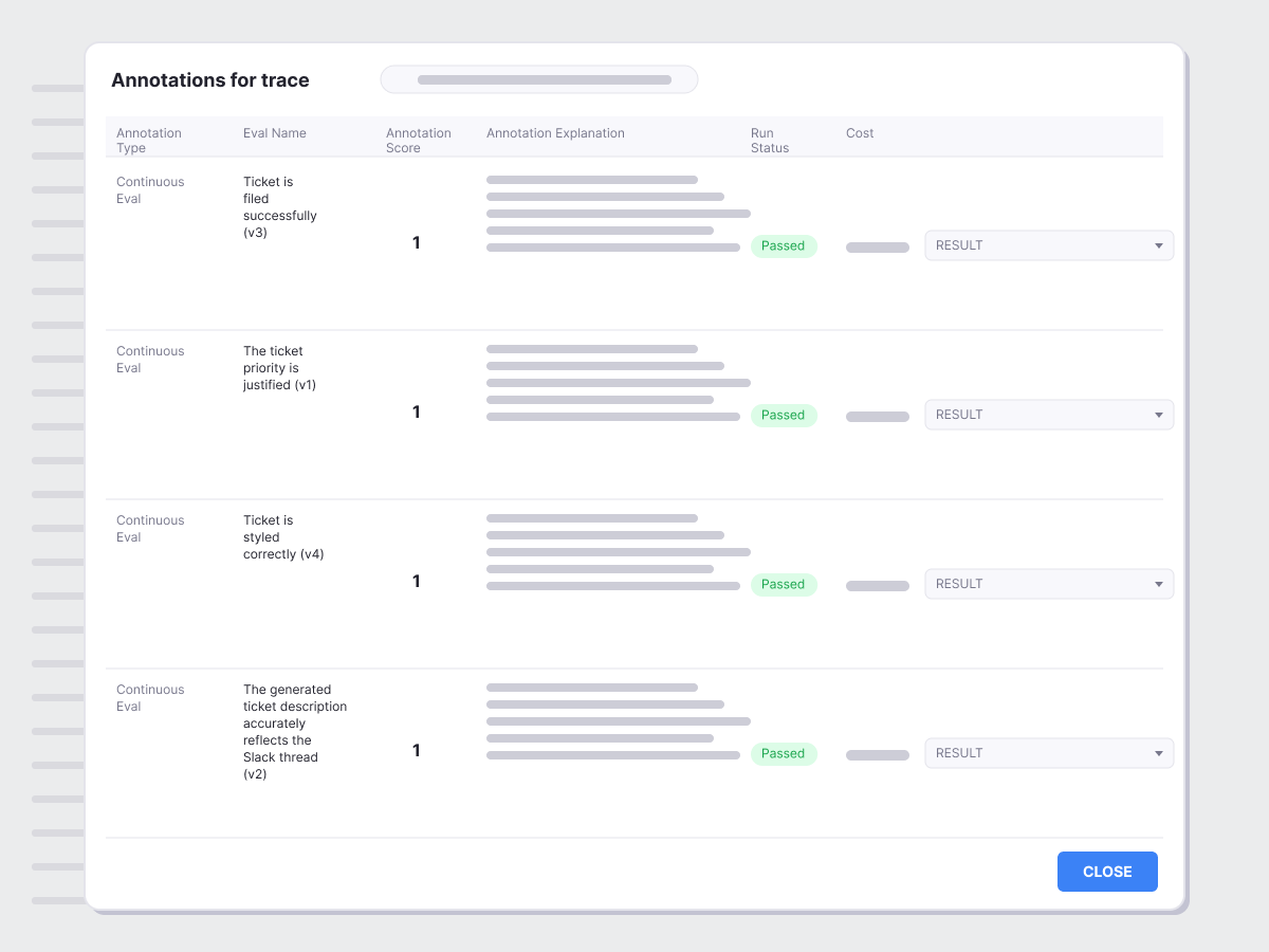 Screenshot of an annotations table for a trace showing four continuous evaluation entries with eval names, scores, explanations, run status marked as passed, and associated costs.