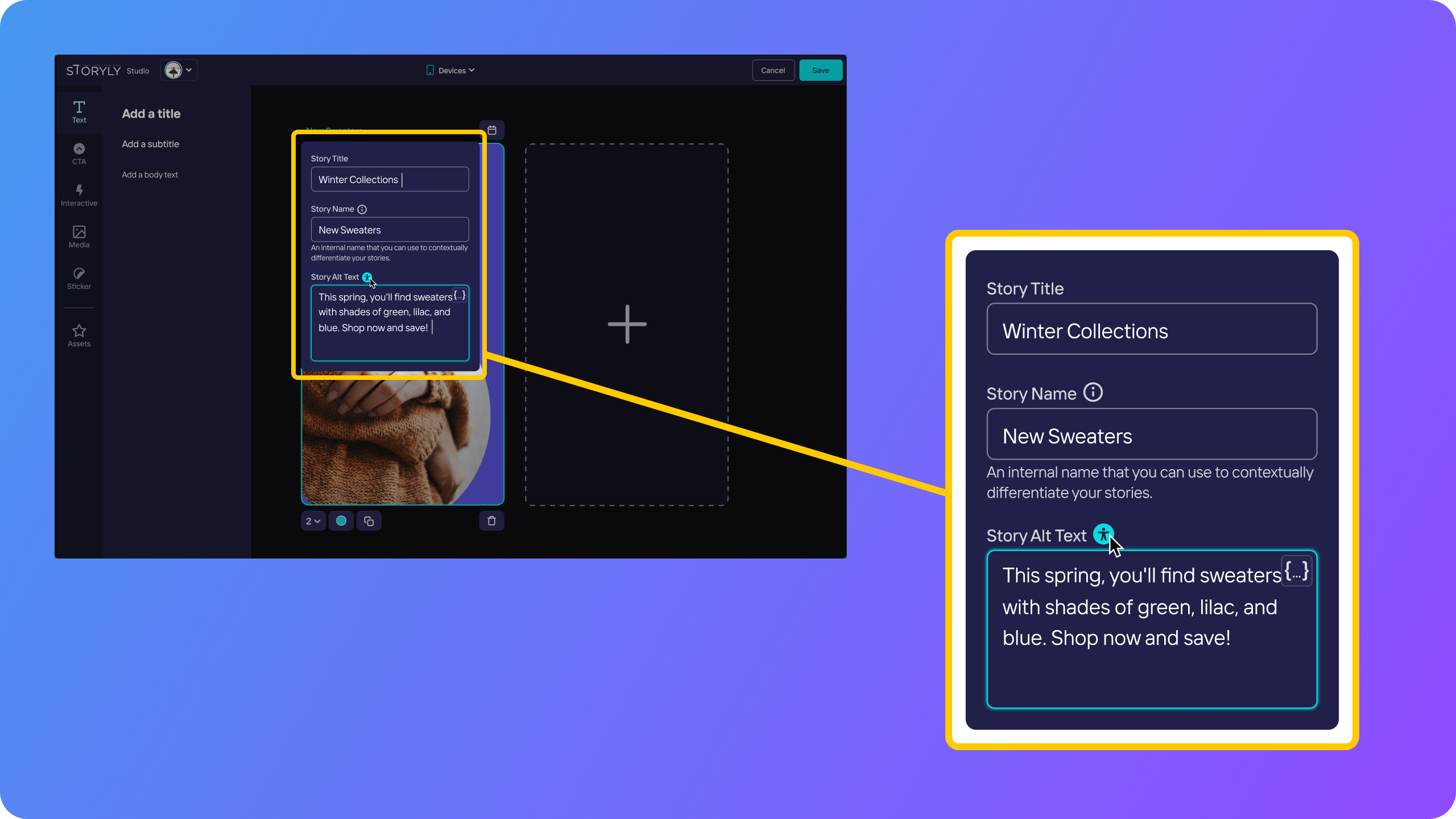 This image shows how you can add alt text from Storyly dashboard.
