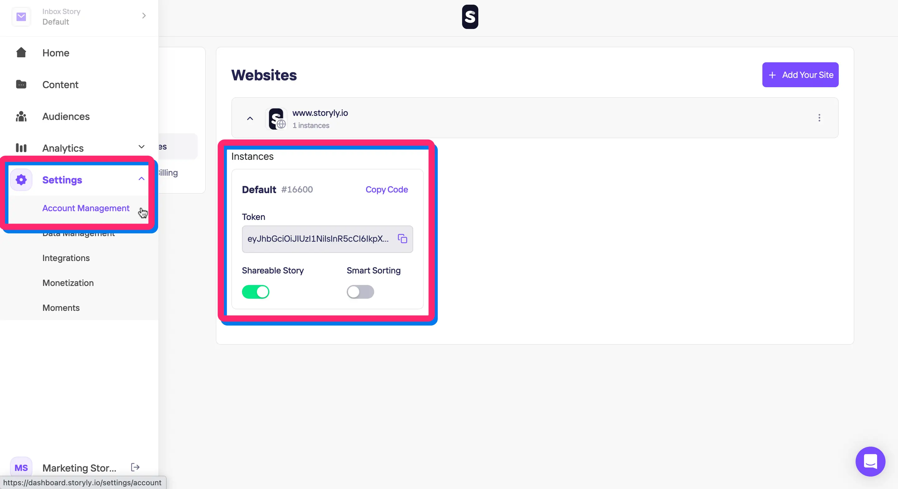 Screenshot from the Storyly dashboard showing where to find the relevant token for the website to integrate the Storyly SDK.