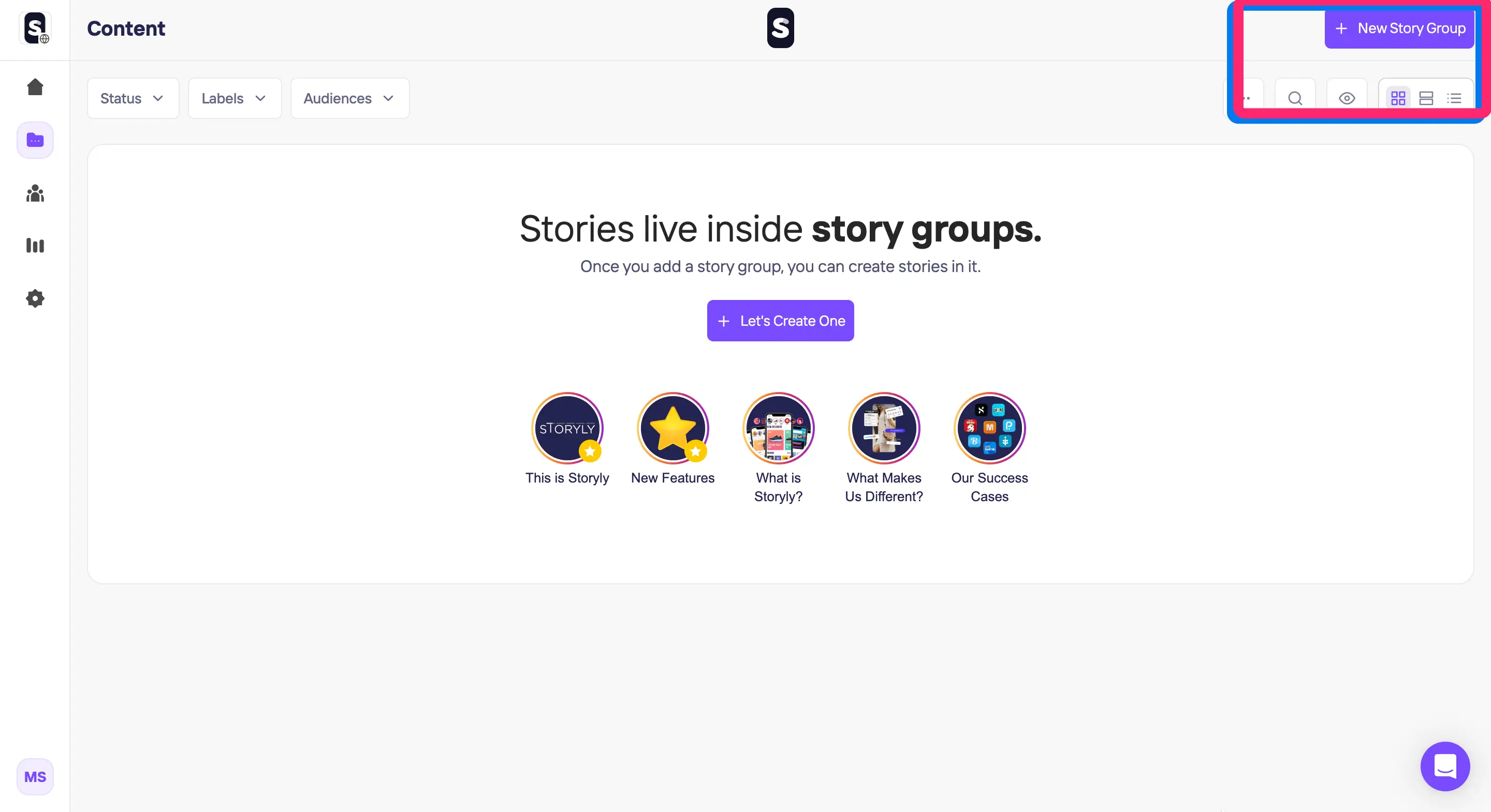 Screenshot from the Storyly dashboard showing where to create the first Story group. On the "Content" page, there is a "New Story Group" button on the top right. 