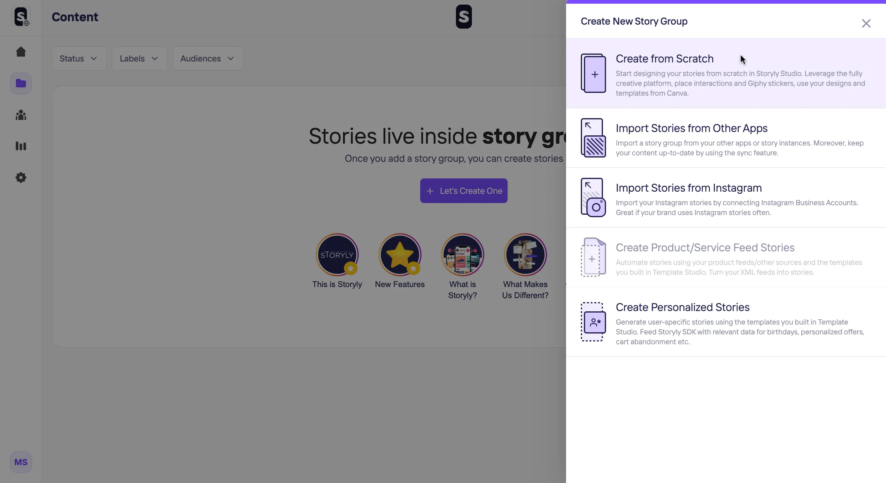 Screenshot from the Storyly dashboard showing how to create a new Story group. There is the option "create from scratch" on the right side of the page. 