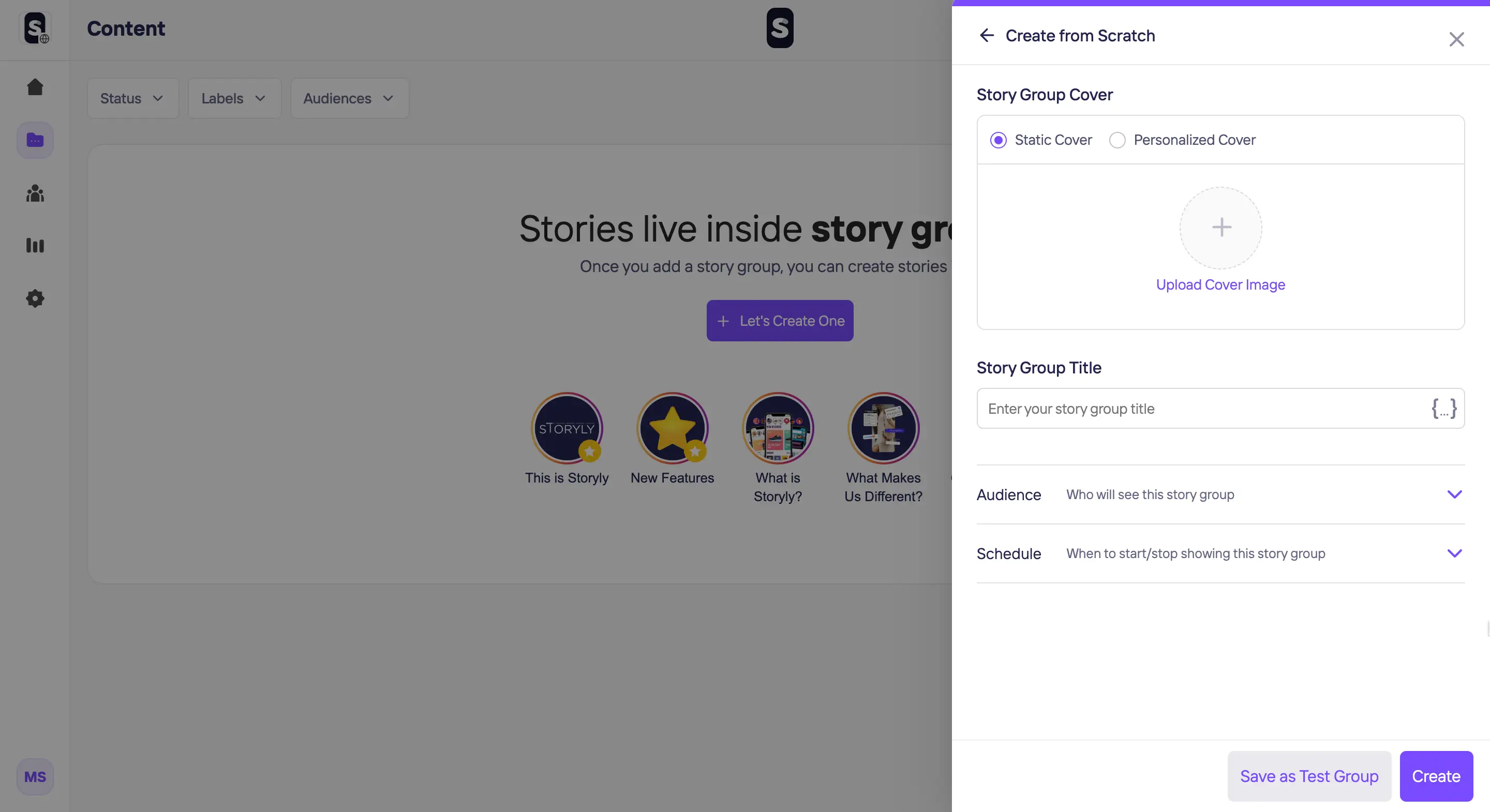 Screenshot from the Storyly dashboard showing how to create a Story group from scratch. After clicking on the "Create from scratch" option, click on "Save as Test Group" to ensure it does not appear on the website if you have already integrated.