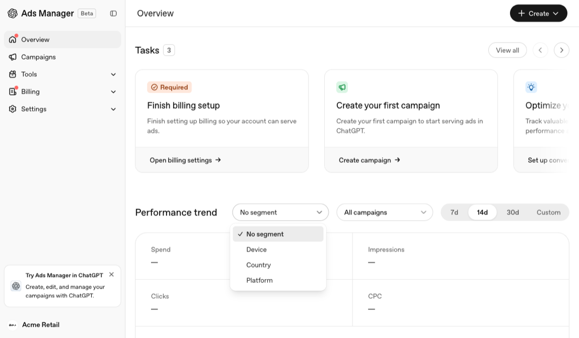 The ChatGPT Ads Manager overview screen with the segmentation dropdown open, showing only four options: No segment, Device, Country and Platform.