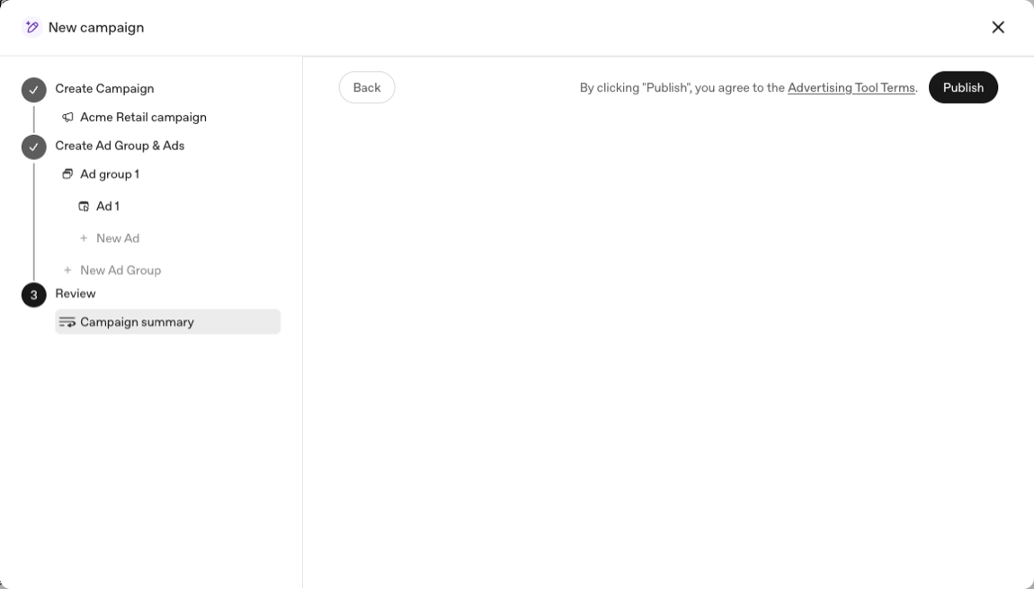 The campaign summary screen showing the Text customization toggle switched On, with its explanatory text about AI-generated headline and description variants.