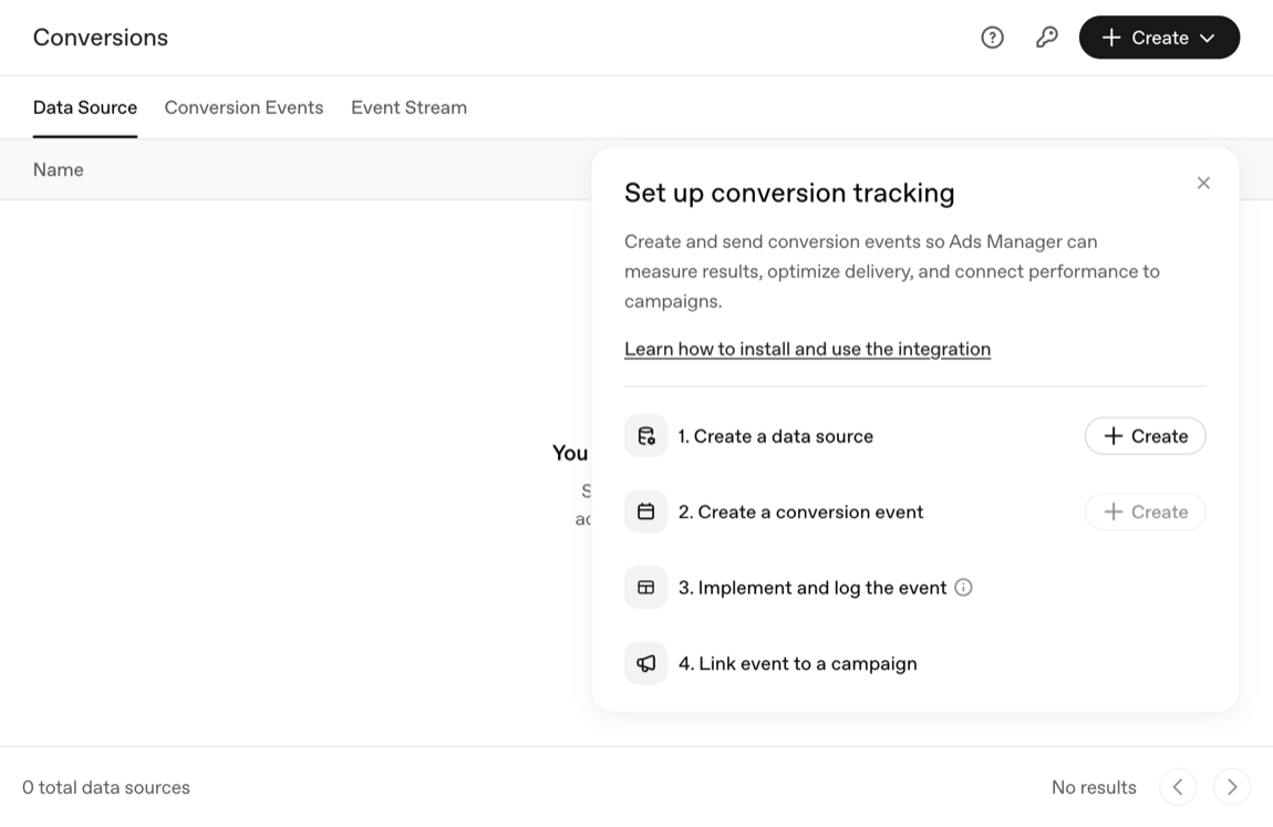 The Conversions screen in ChatGPT Ads Manager showing the four-step setup guide, an empty data sources table with an EQS column, and a conversion API keys panel.