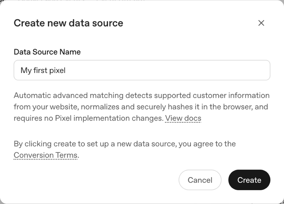 The Create new data source dialog, showing OpenAI's description of automatic advanced matching and its hashing behaviour.