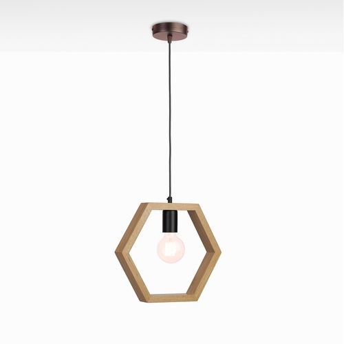 Oprawa wisząca z unikalną sześciokątną drewnianą ramą i pojedynczą żarówką zawieszoną na czarnym przewodzie, na białym tle. Oprawa posiada metalową górę i pojedynczą żarówkę, tworząc uderzający efekt wizualny.