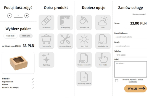 Zrzut ekranu strony produktu w języku polskim, zawierający zdjęcie produktu i formularz do wypełnienia. Obraz produktu znajduje się po lewej stronie strony, a formularz po prawej. Formularz zawiera pola na imię i nazwisko klienta, adres e-mail, numer telefonu i krótką wiadomość.