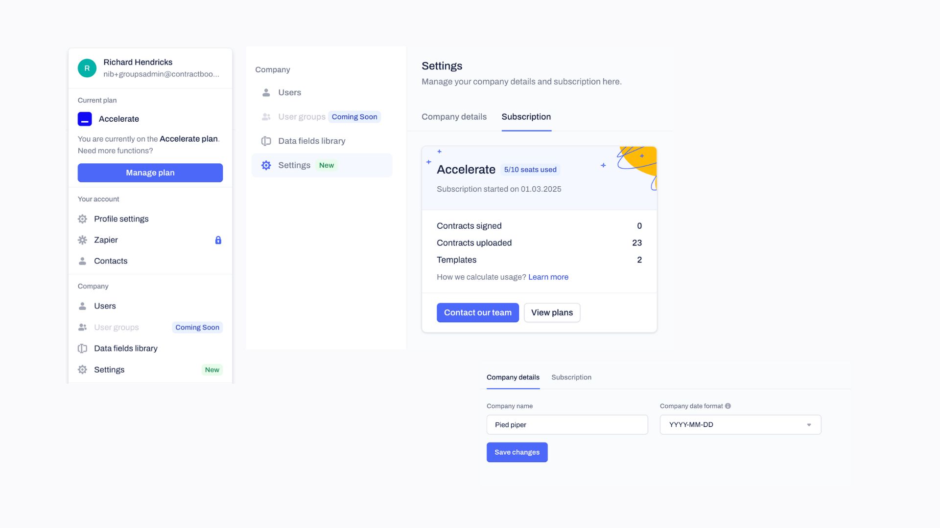 🏢 Company page with aggregate usage counts and settings