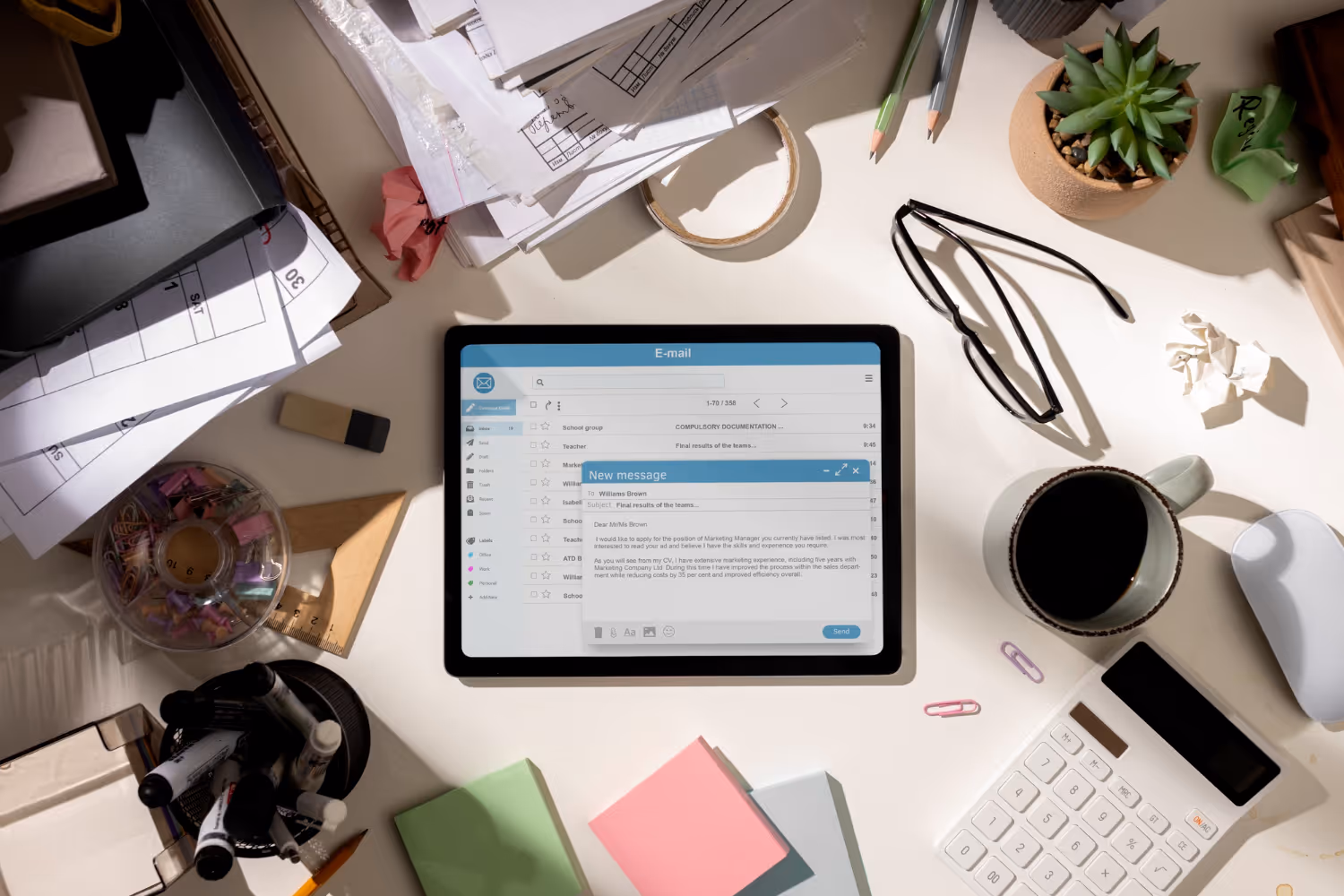 messy work from home setup with lots of paperwork