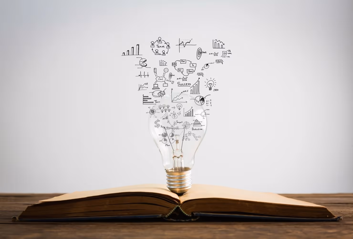 open book with lightbulb on top, drawings, plans, success