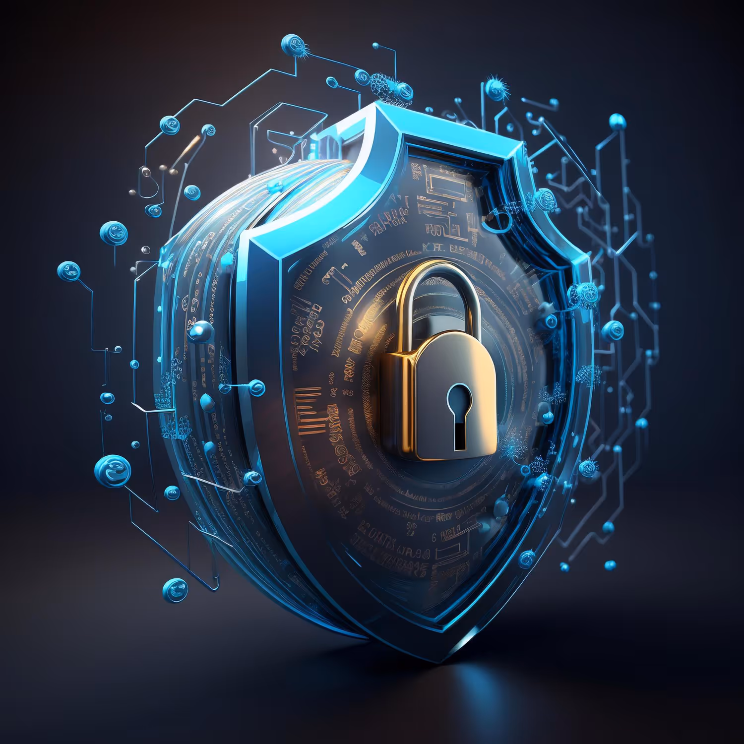 A blue and gold padlock on a shield