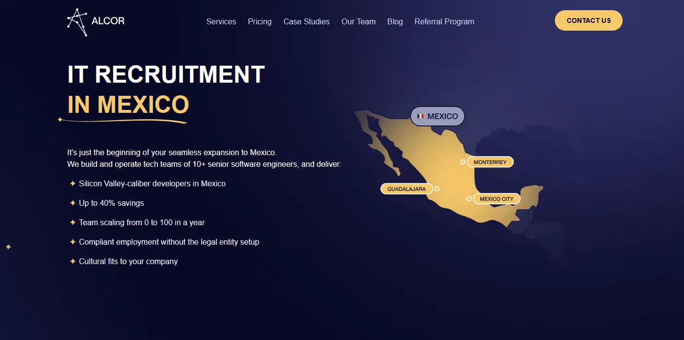 Alcor's website showing its an IT recruitment agency in Mexico
