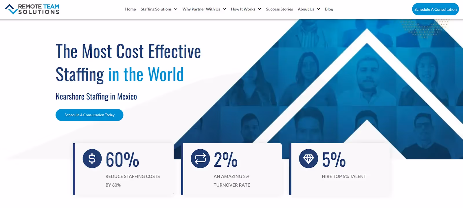 Remote Team Solutions' homepage showing it is a nearshore staffing in Mexico