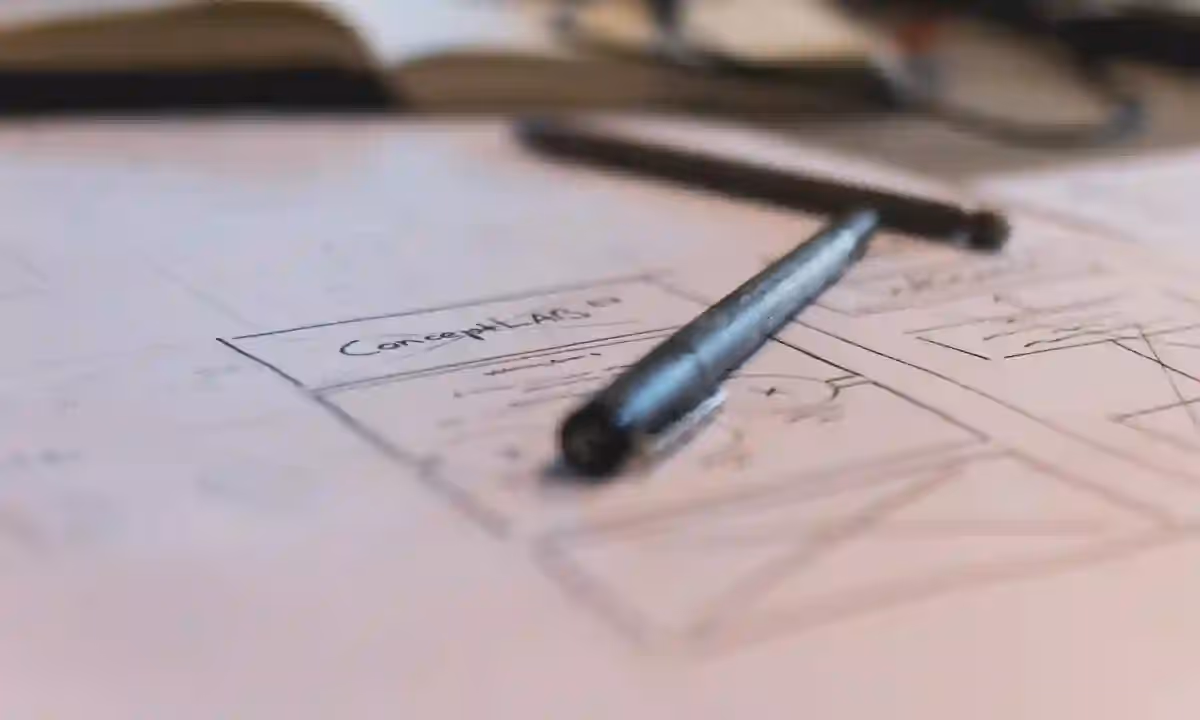 A sketch with notes and a pen on paper. Ideal for planning or design concepts.