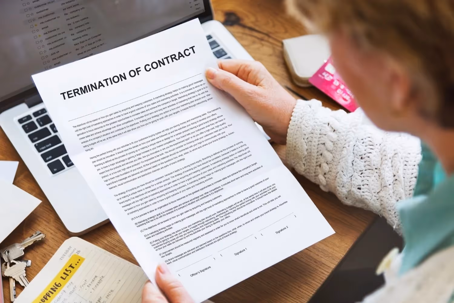 Independent contractor holding and reading a termination of contract letter