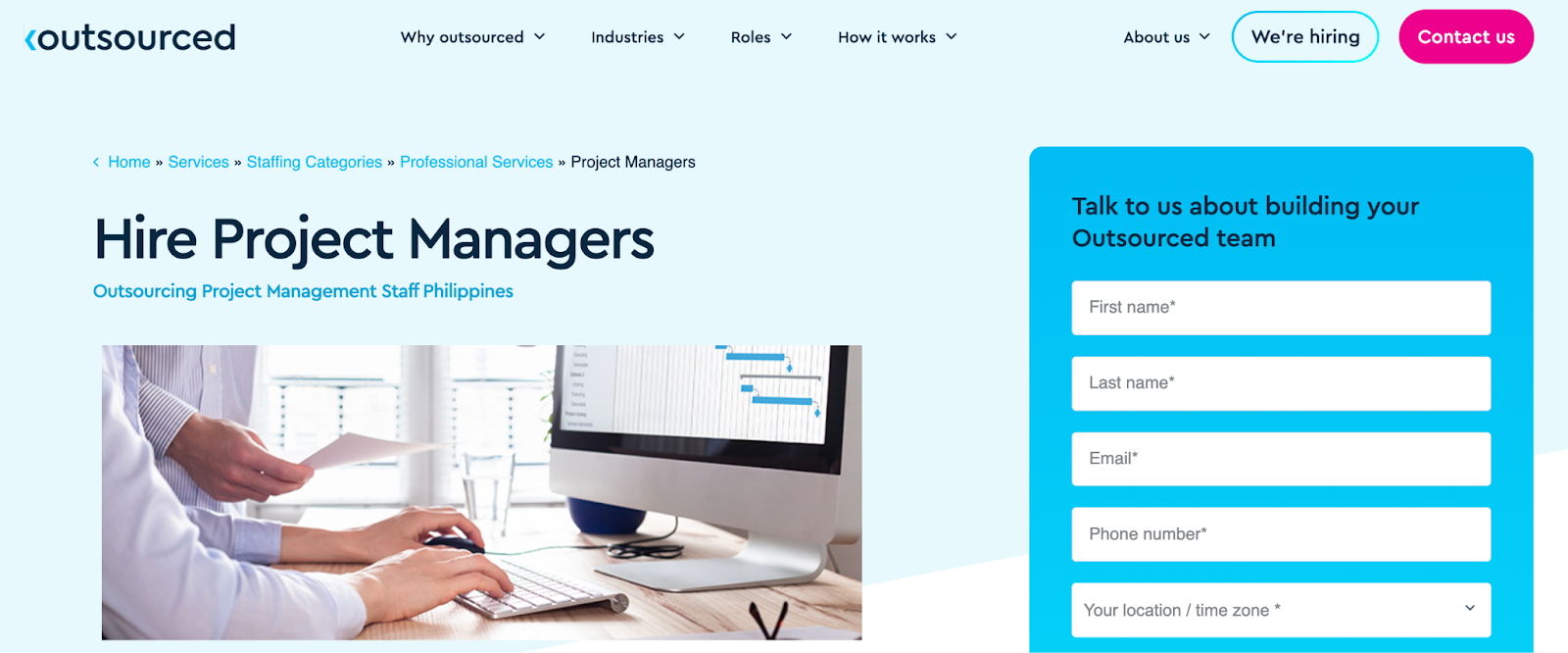Outsourced's hire project managers page.