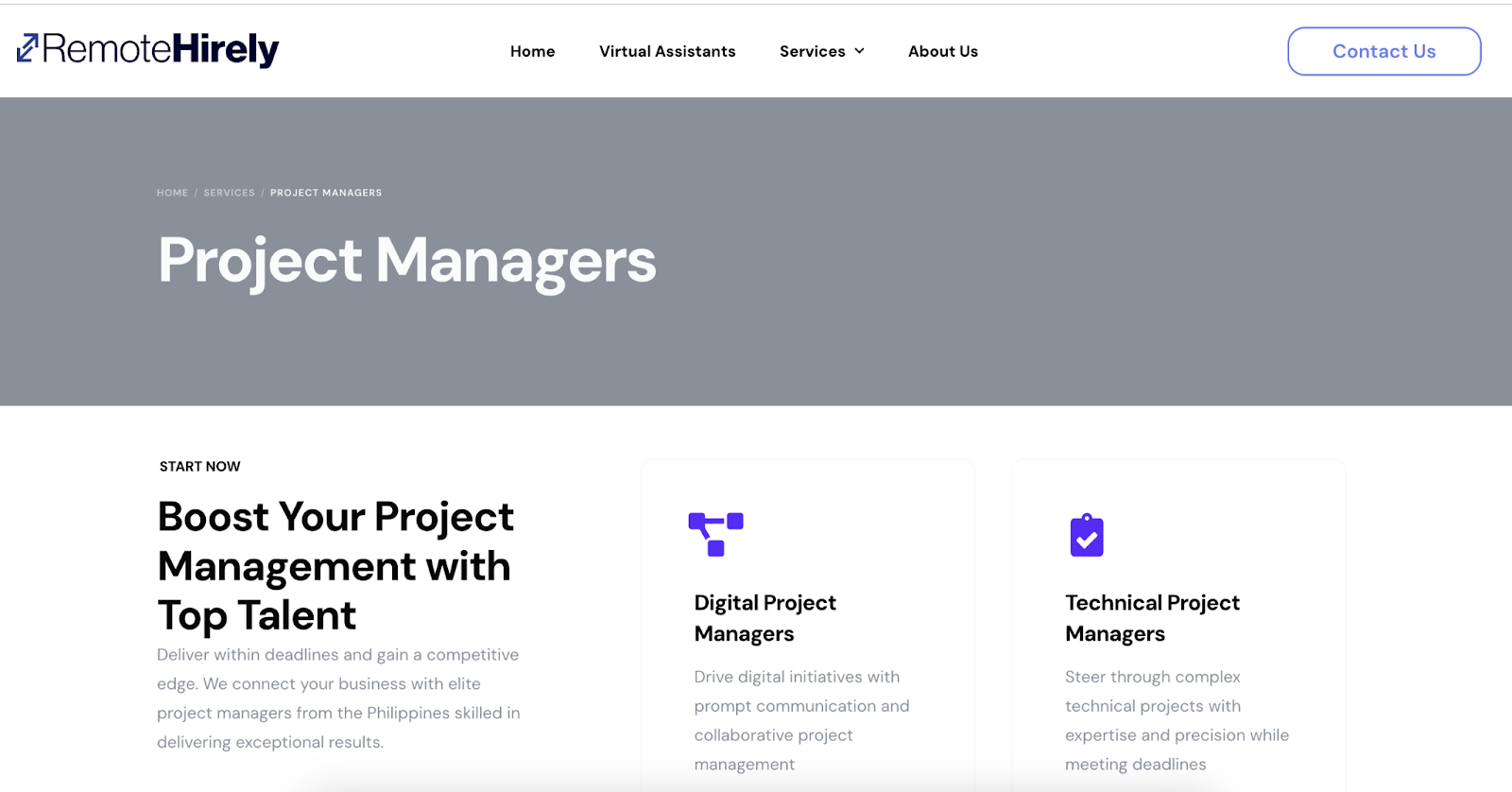 RemoteHirely's project managers page.