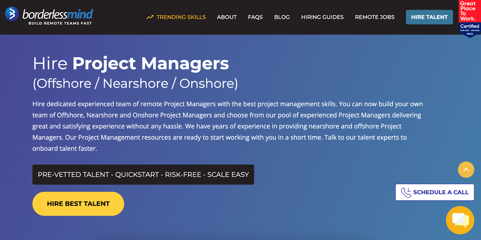 BorderlessMind's hire project managers page.