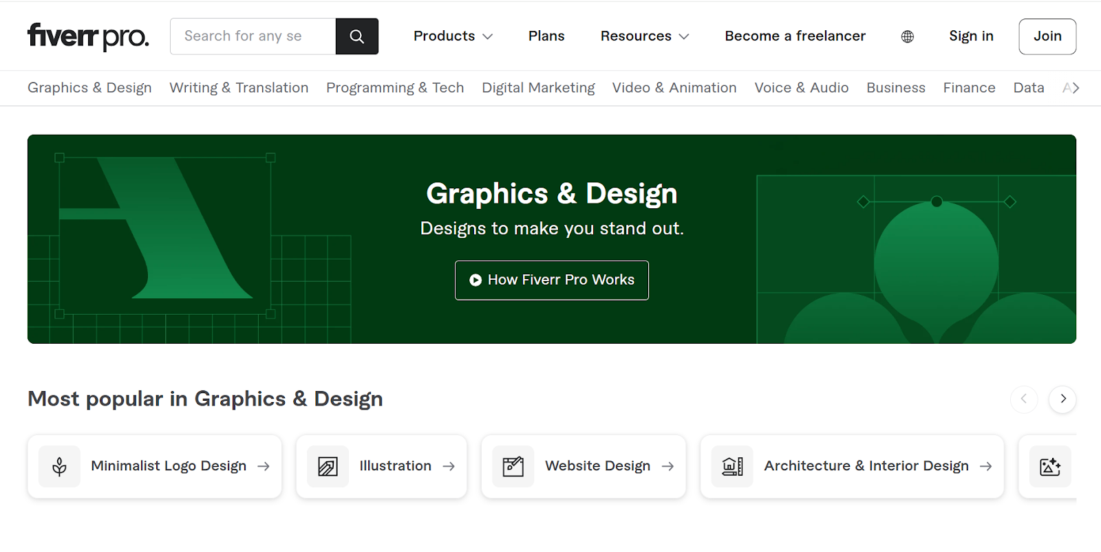 Fiverr Pro's graphic and designs page.