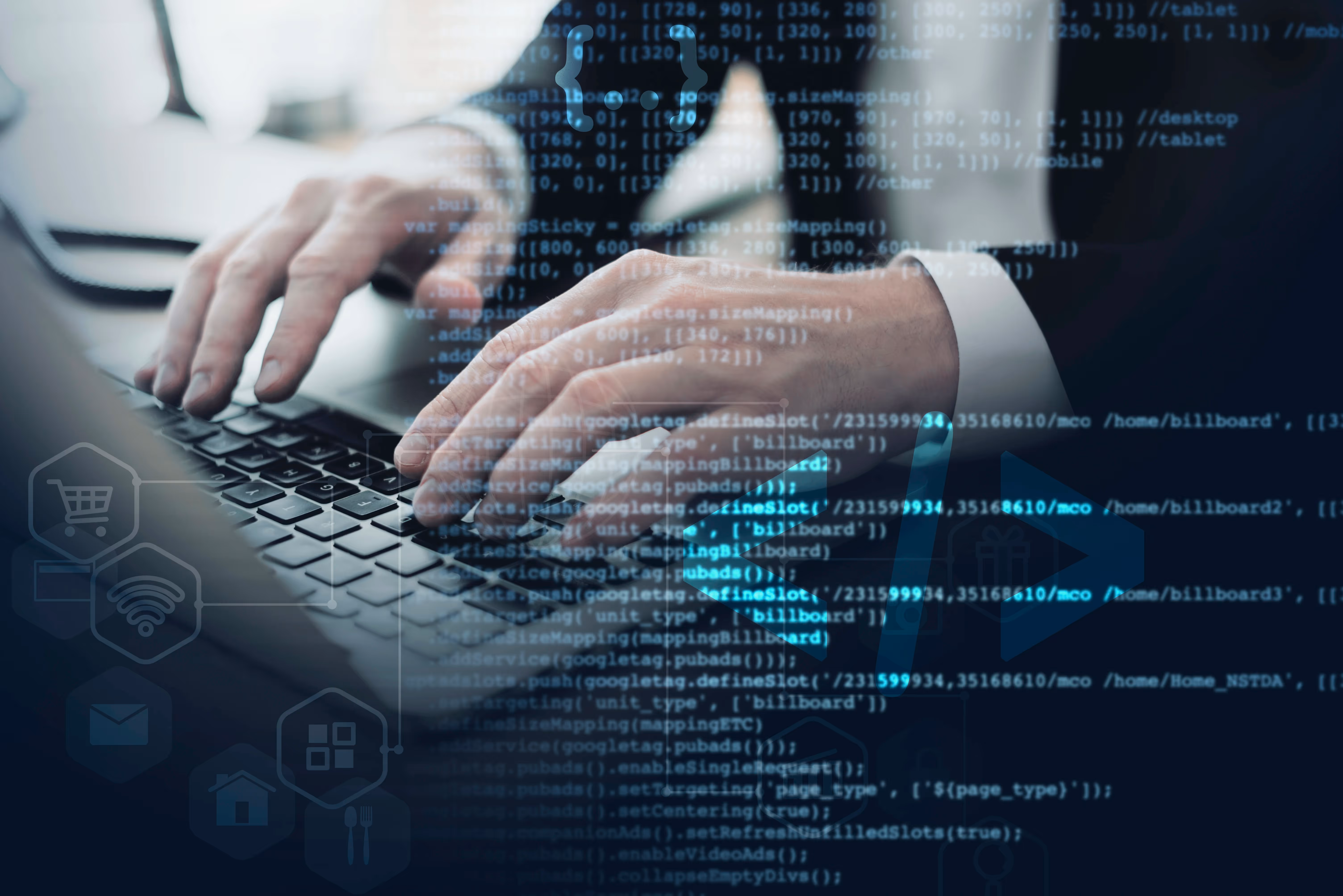 html-css code with hands on a keyboard in the background.