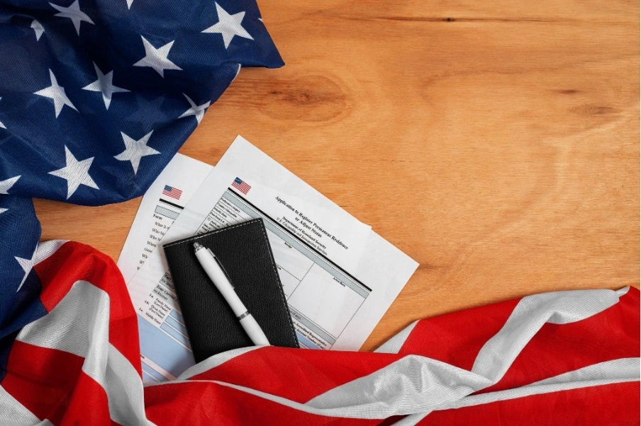 Flag, Paperwork, pen and notebook