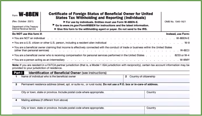 W-8BEN Form tax paperwork