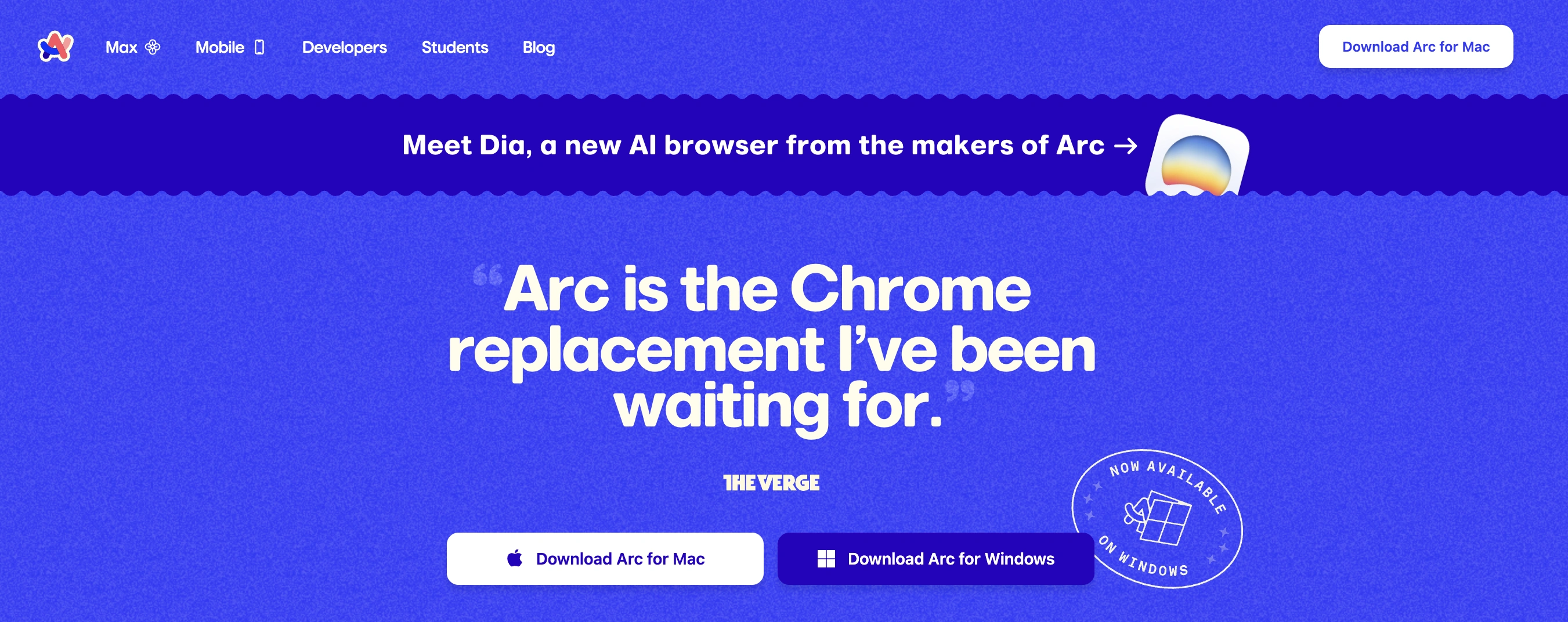 Arc's home page.