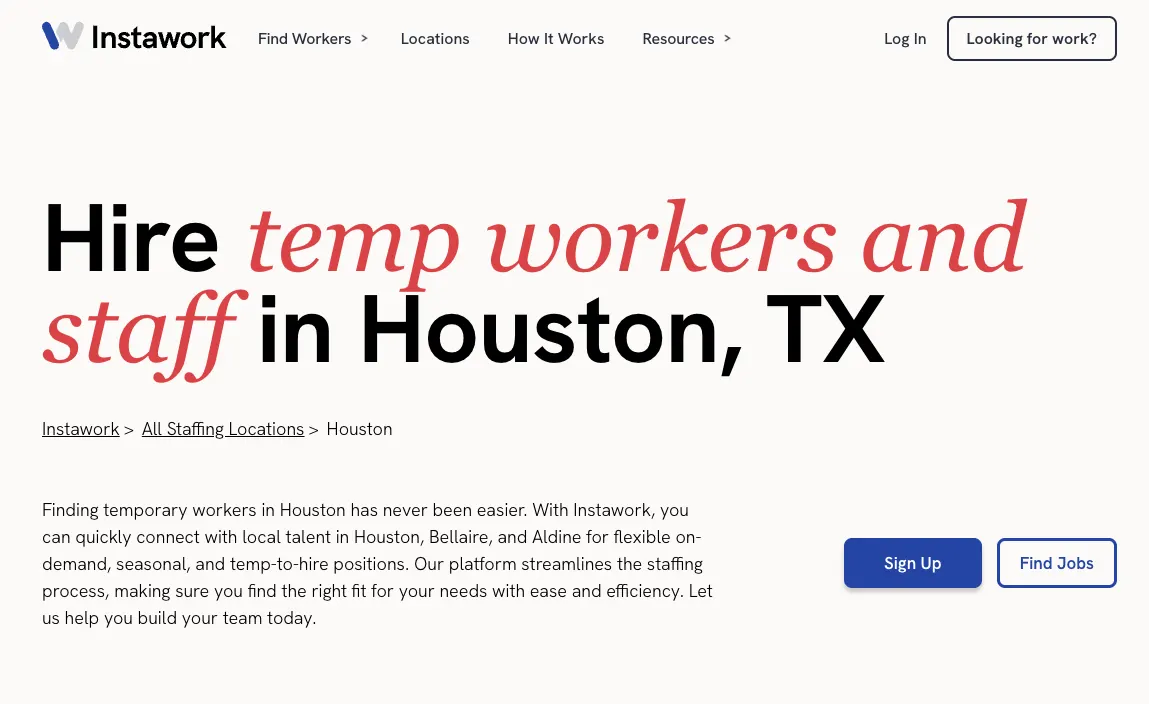 Instawork's home page.