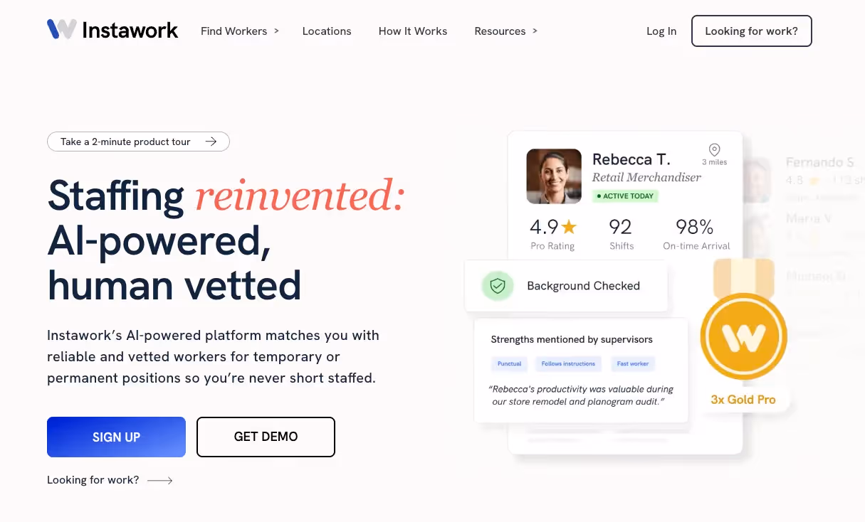 Instawork's home page.