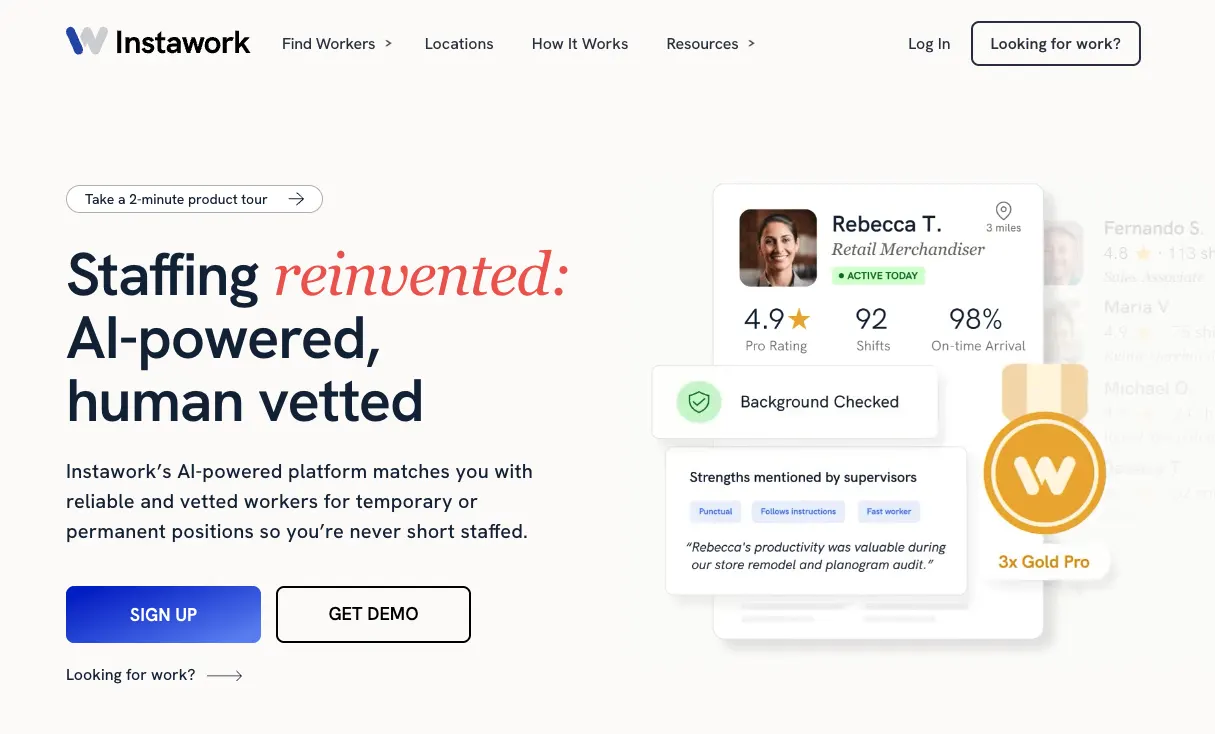 Instawork's home page.