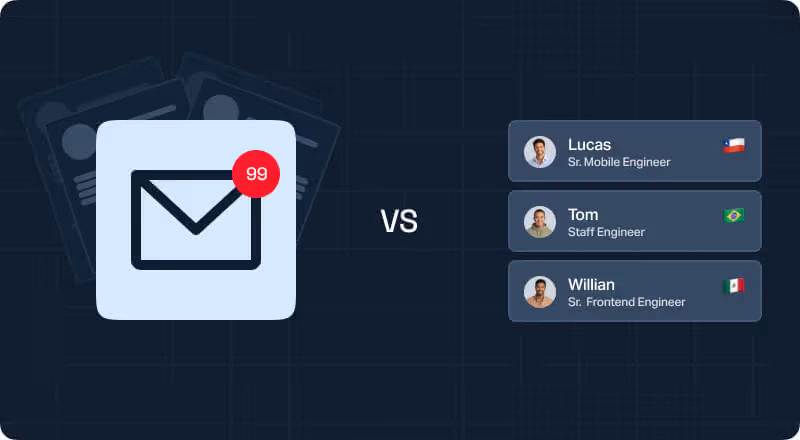 An infographic comparing the stress of a cluttered email inbox with 99+ notifications against a streamlined, curated list of pre-vetted engineering candidates.
