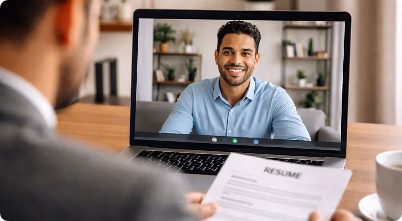A hiring manager conducting a remote video interview with a smiling candidate on a laptop screen while reviewing a physical resume.