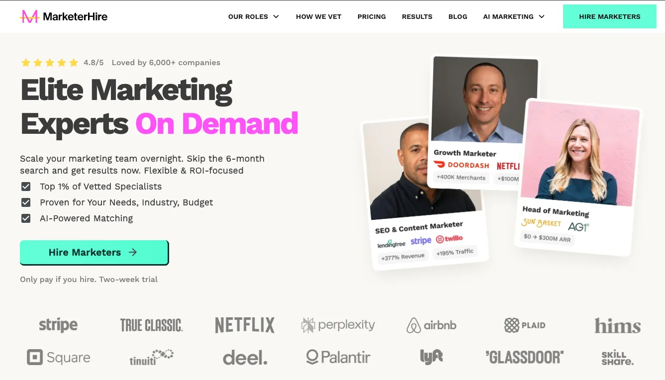 MarketerHire's home page.