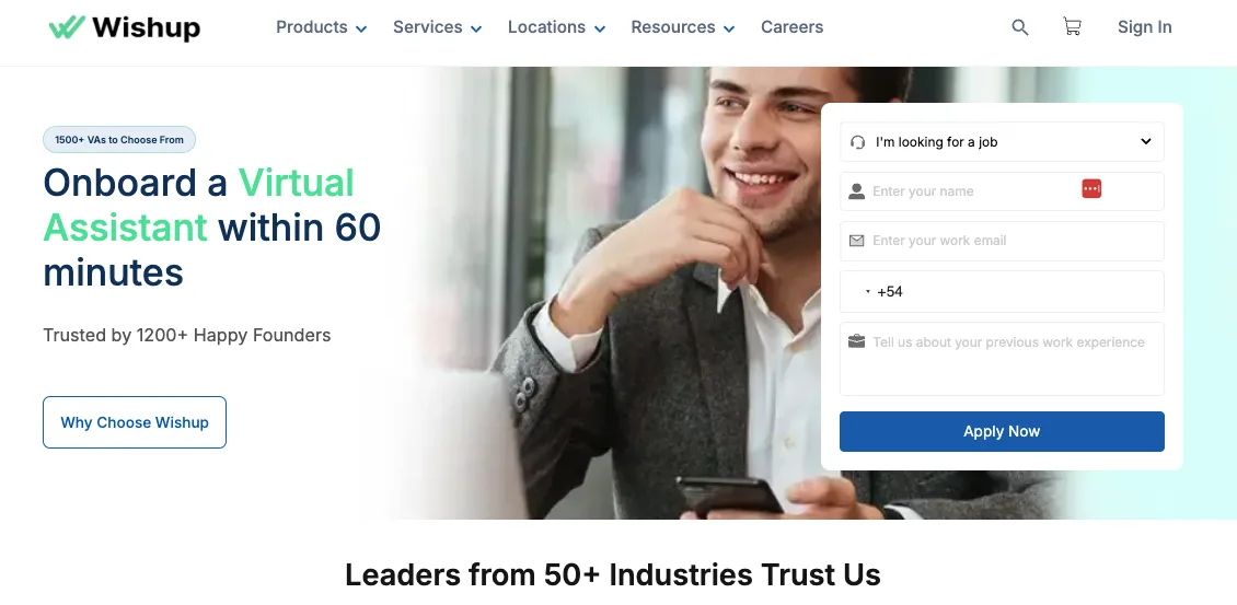 Wishup's home page.