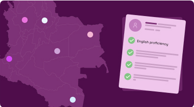Map of Colombia showing hiring locations next to a candidate vetting checklist including English proficiency.