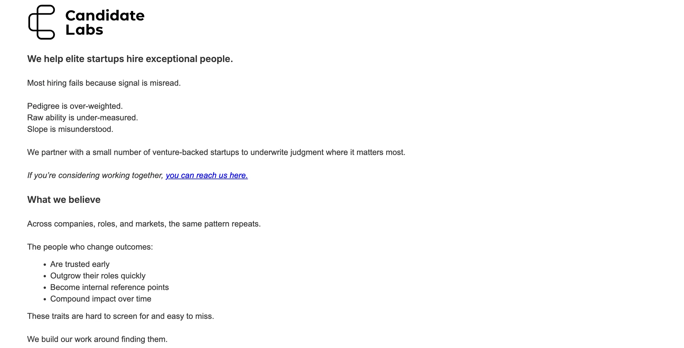 Candidate Labs' home page.