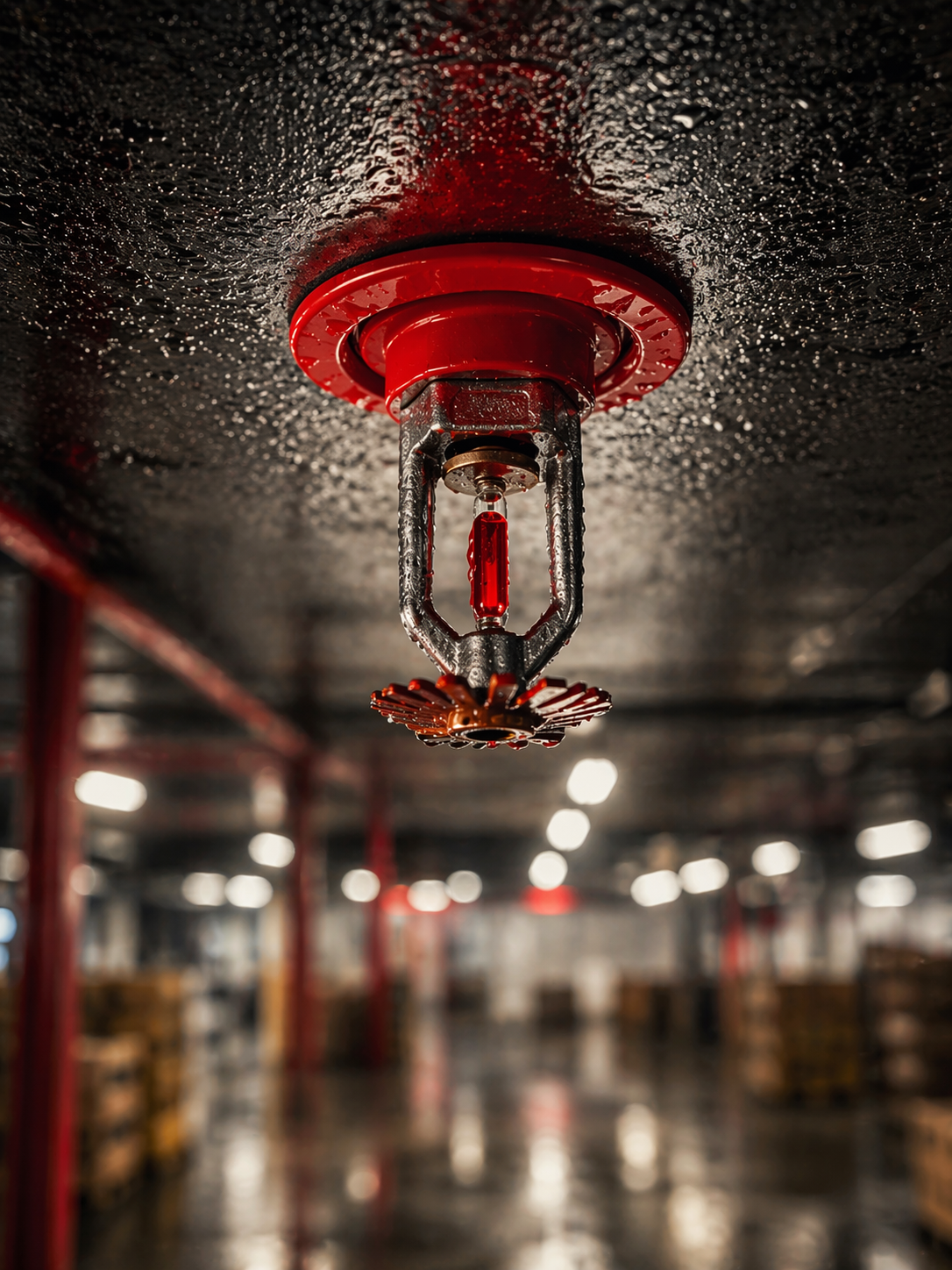 A sprinkler head in a warehouse setting.