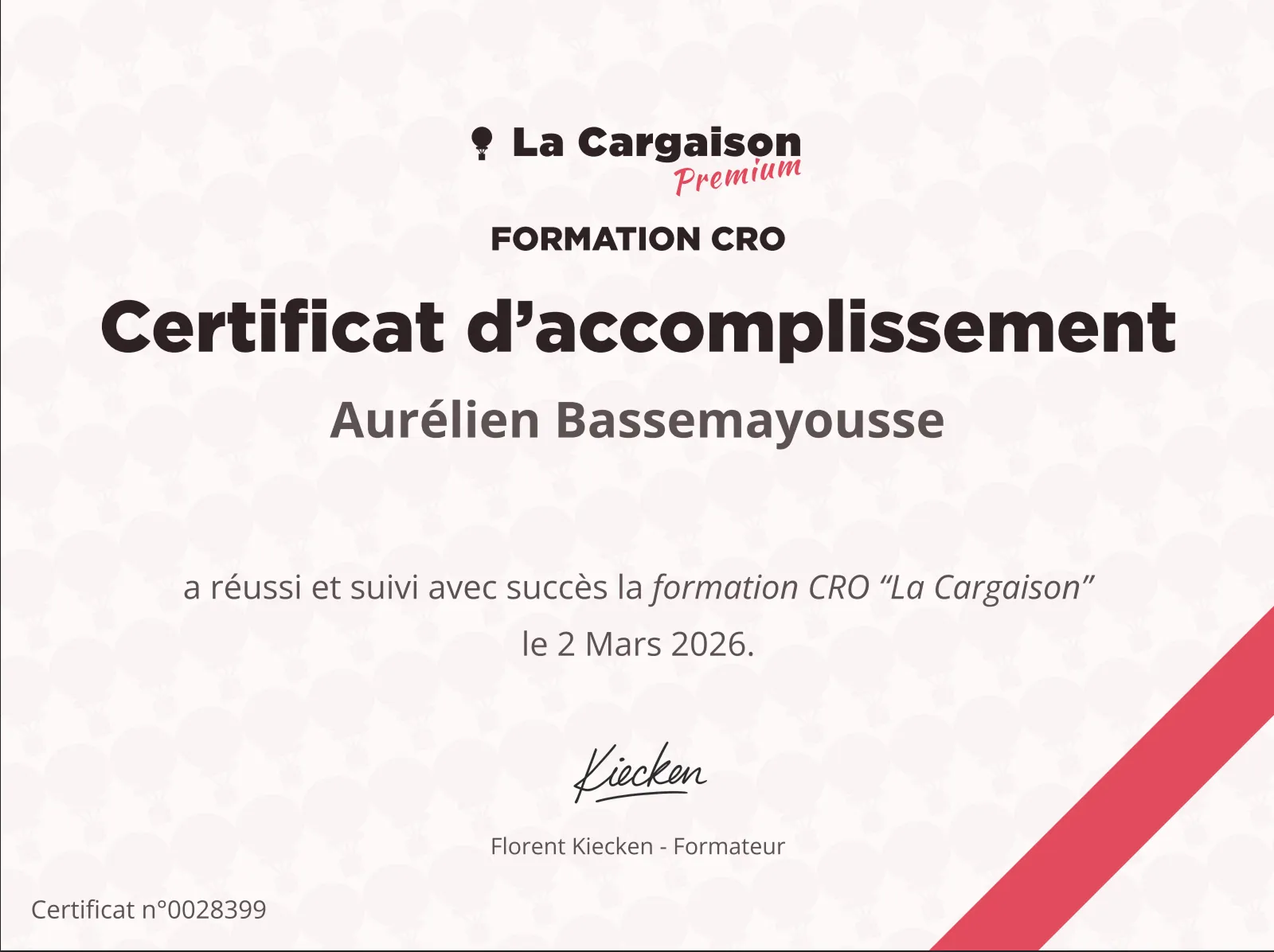 Certificat d'accomplissement CRO La Cargiason 2026