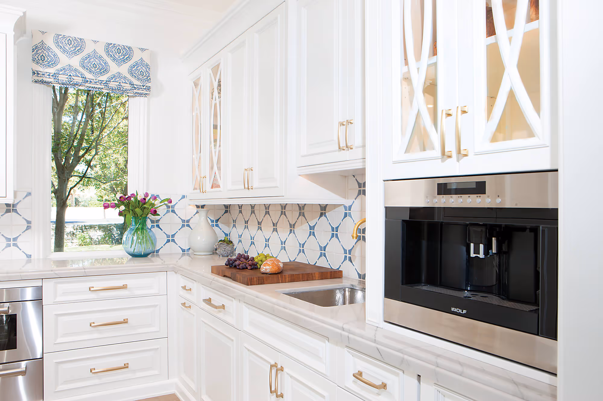 Formal Transitional Kitchen Design - White cabinets with gold hardware